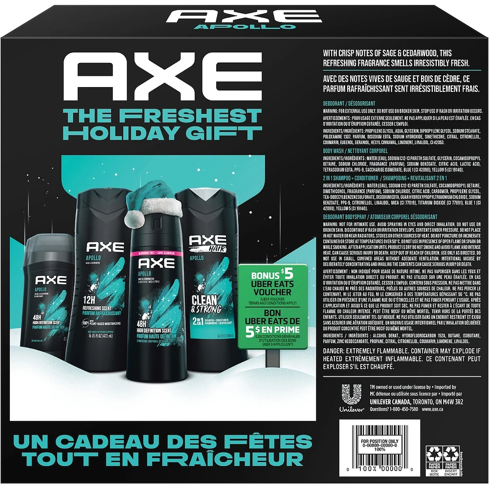 AXE  Body Spray, Body Wash, 2-in-1 Shampoo and Conditioner and Deodorant st  Apollo (4)Gift Pack