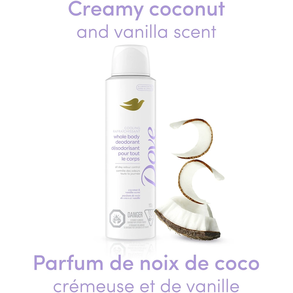 Dove Aluminum Free Whole Body Deodorant Cooling Dry Spray Coconut & Vanilla, 113g