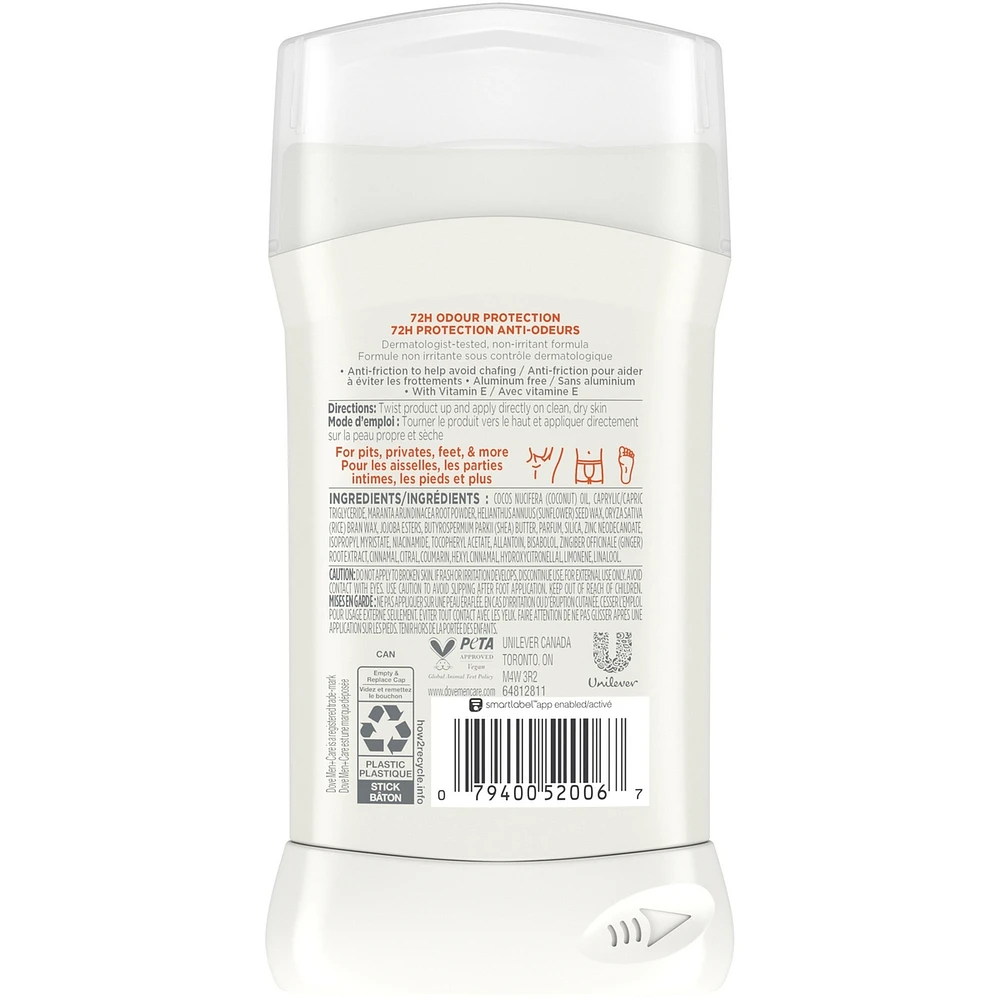 Dove Men+Care Whole Body Deodorant Stick For 72H Odour Protection Shea Butter & Cedar is suitable to use from pits, privates, to feet, 85g
