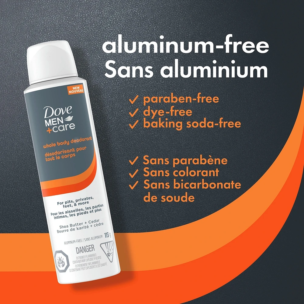 Dove Men+Care  Whole Body Aluminum-Free Deodorant Spray  Shea Butter + Cedar is Suitable for Use From Pits, Privates, to Feet with Vitamin E, 113g