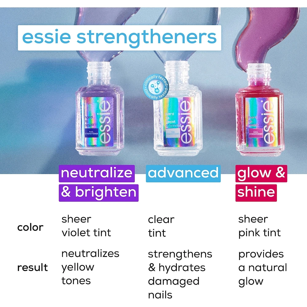 essie care hard to resist advanced nail strengthener, 8-free vegan formula, formulated with MS technology, clear, 13.5 ml