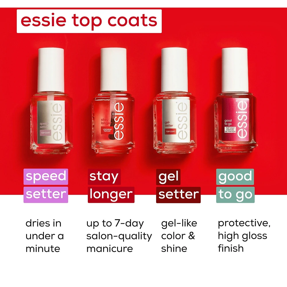 essie stay longer premium longwear top coat, chip-protection, stay longer