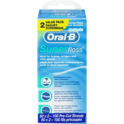 Oral-B Super Floss Pre-Cut Strands Dental Floss, Mint, 50 Count, Pack of 2