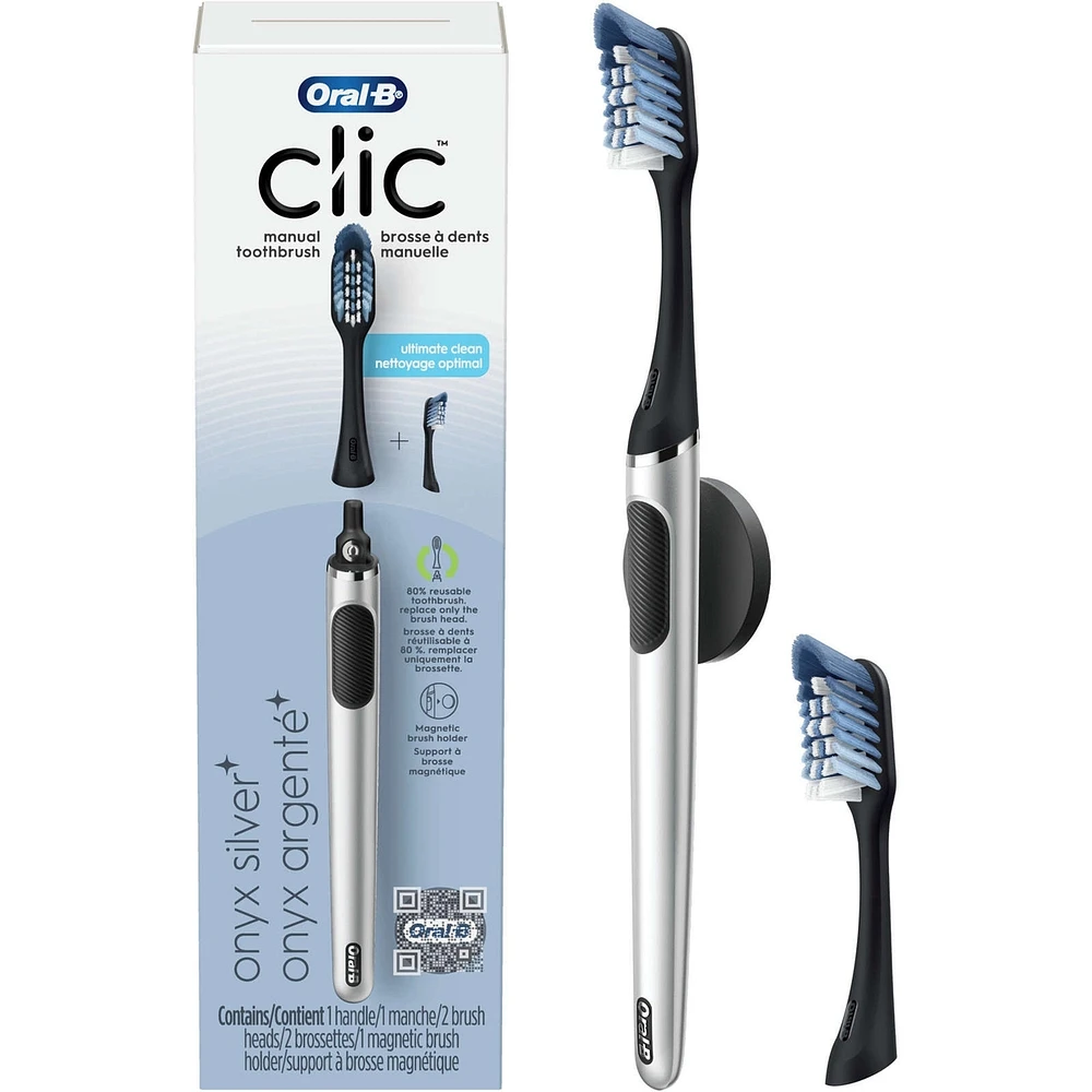 Clic Starter Kit Matte Black Toothbrush Handle with (2) Replacement Brush Head and Holder