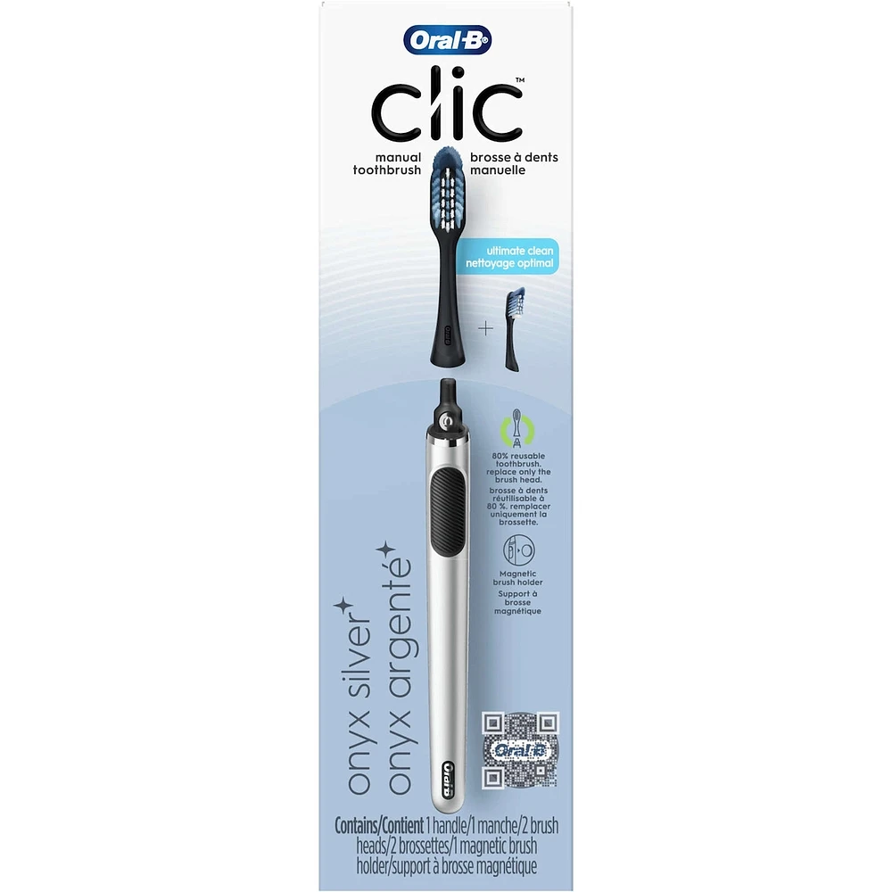 Clic Starter Kit Matte Black Toothbrush Handle with (2) Replacement Brush Head and Holder