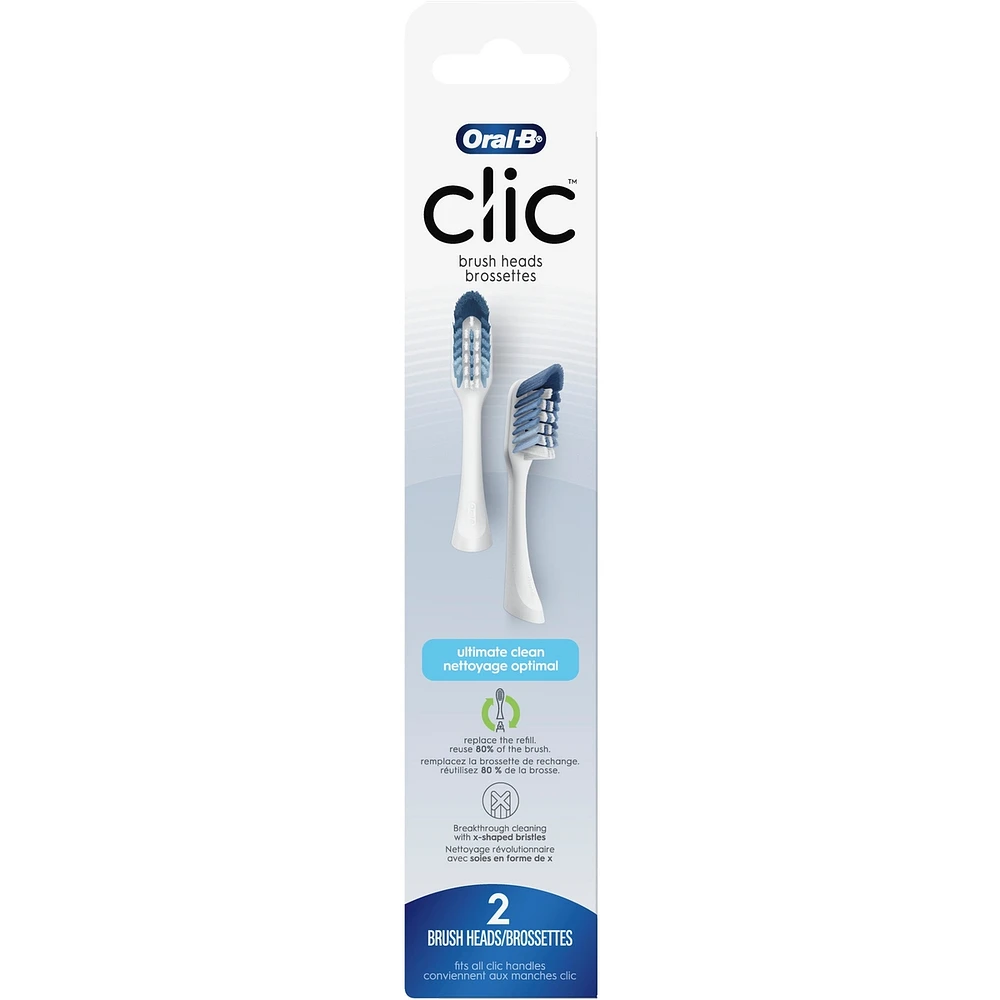 Clic Toothbrush Ultimate Clean Replacement Brush Heads, White, 2 Coun