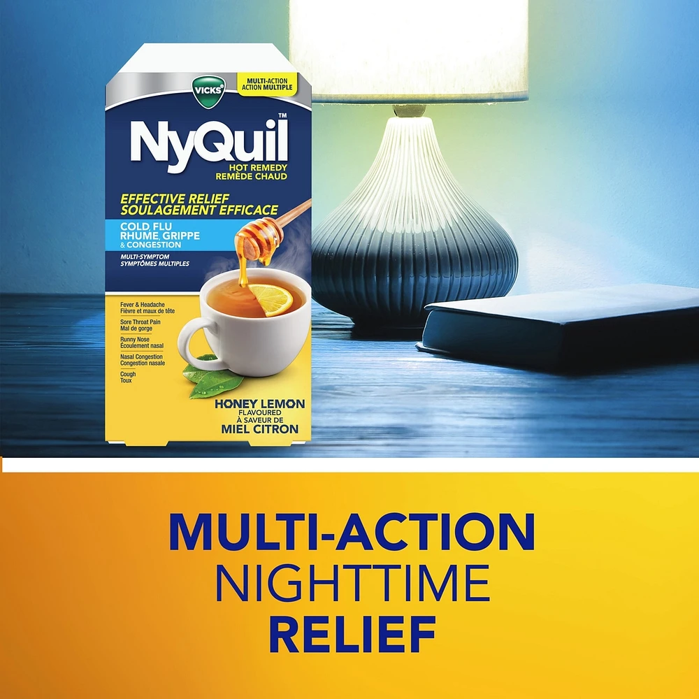 NyQuil Hot Remedy Cold, Flu & Congestion Medicine, Nighttime, Relief for Fever & Headache, Sore Throat Pain, Nasal Congestion, Runny Nose, Cough, Multi-Action, Honey Lemon Flavoured