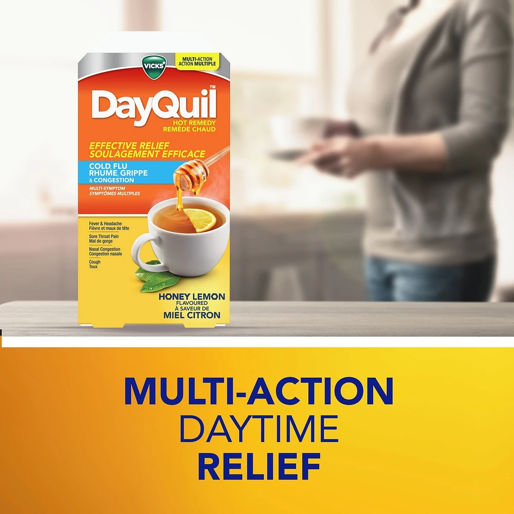 DayQuil and NyQuil Convenience Pack Hot Remedy Cold, Flu & Congestion Medicine, Daytime & Nighttime, Relief for Fever & Headache, Sore Throat Pain, Nasal Congestion, Cough, Multi-Action, Honey Lemon Flavoured