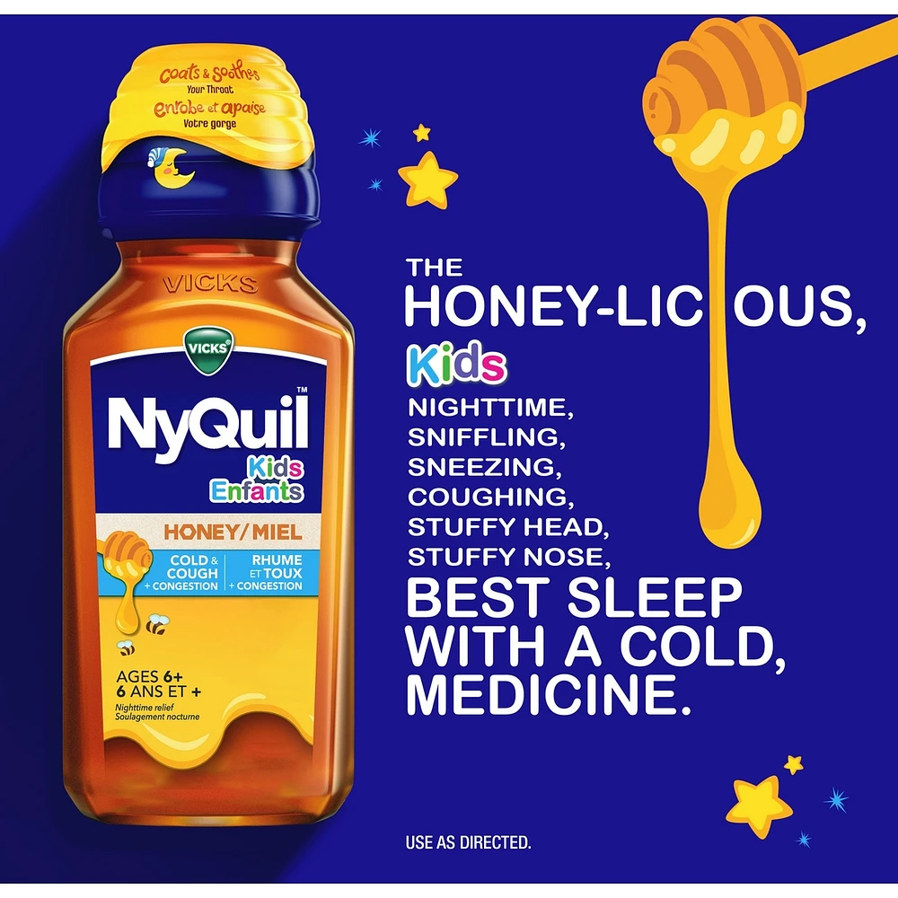 Kids NyQuil Honey Cold & Cough + Congestion Relief for Nighttime Sneezing, Runny Nose, Nasal Congestion & Cough, Flavored with Real Honey, For Children Ages 6+