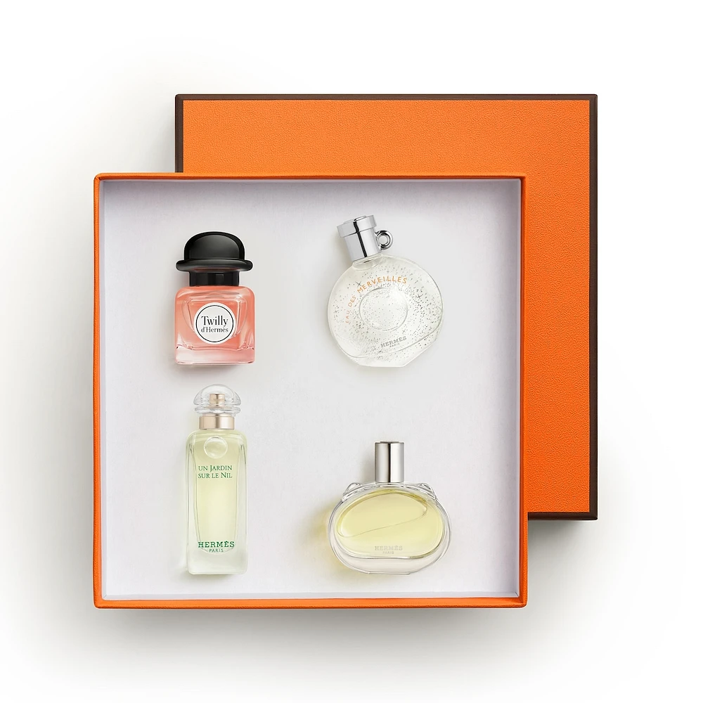 Coffret Miniatures, Twilly d'Hermès, Barénia, Eau des Merveilles, Un Jardin sur le Nil