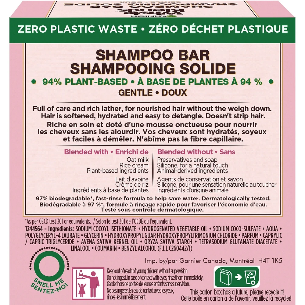 Garnier Whole Blends Oat Delicacy Softening Shampoo Bar for Delicate Hair, Zero Plastic Packaging, Preservative Free, Silicone Free, Soap & Dye Free, with Rice Cream and Oat Milk, 60G