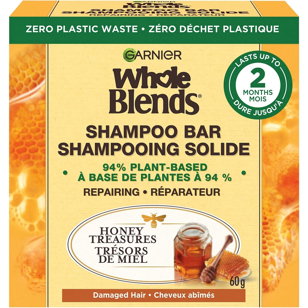 Garnier Whole Blends Honey Treasures Repairing Shampoo Bar for Damaged Hair, Zero Plastic Packaging, Preservative Free, Silicone Free, Soap & Dye Free, with Honey and Beeswax, 60G