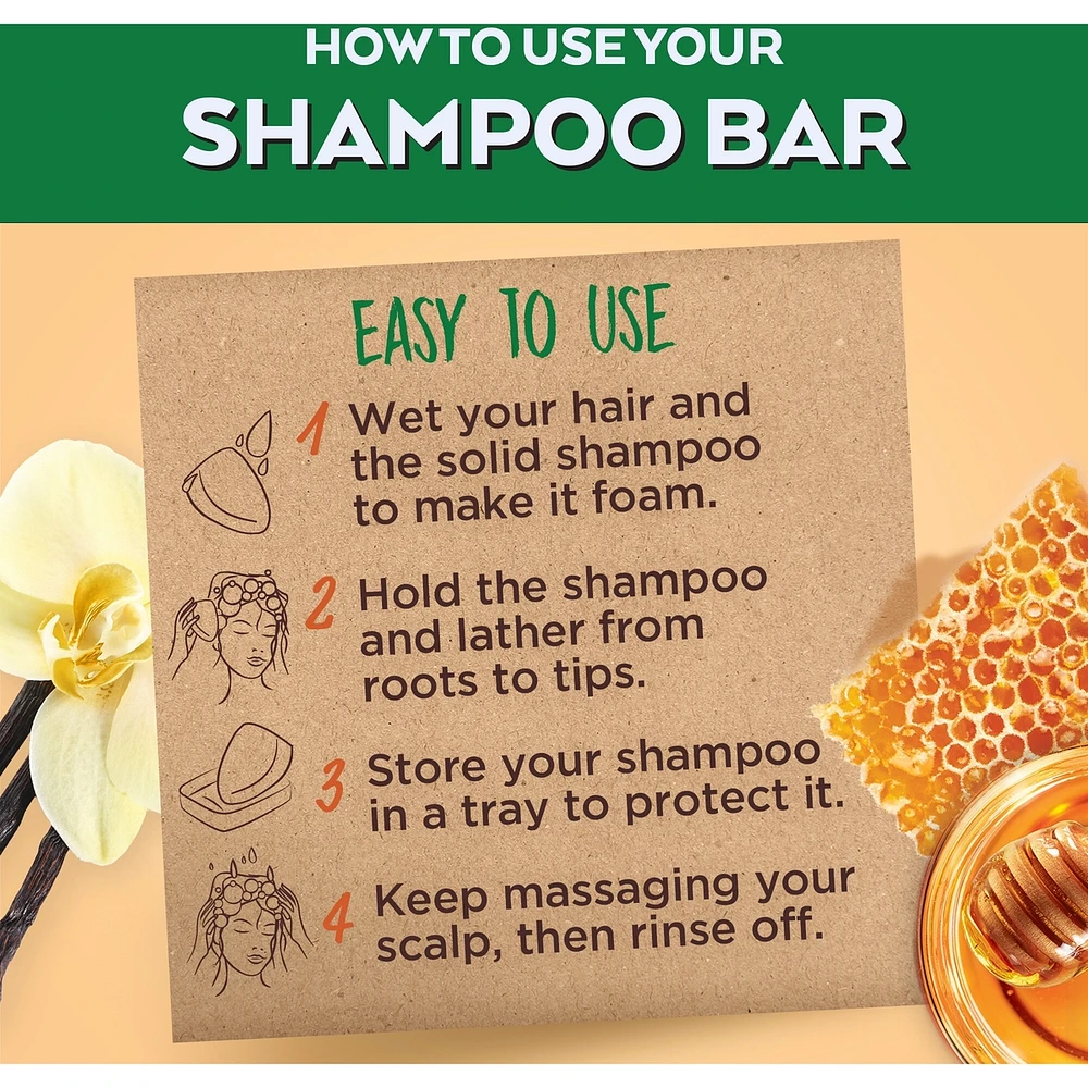 Garnier Whole Blends Honey Treasures Repairing  Shampoo Bar for Damaged Hair, Zero Plastic Packaging, Preservative Free, Silicone Free, Soap & Dye Free, with Honey and Beeswax, 60G