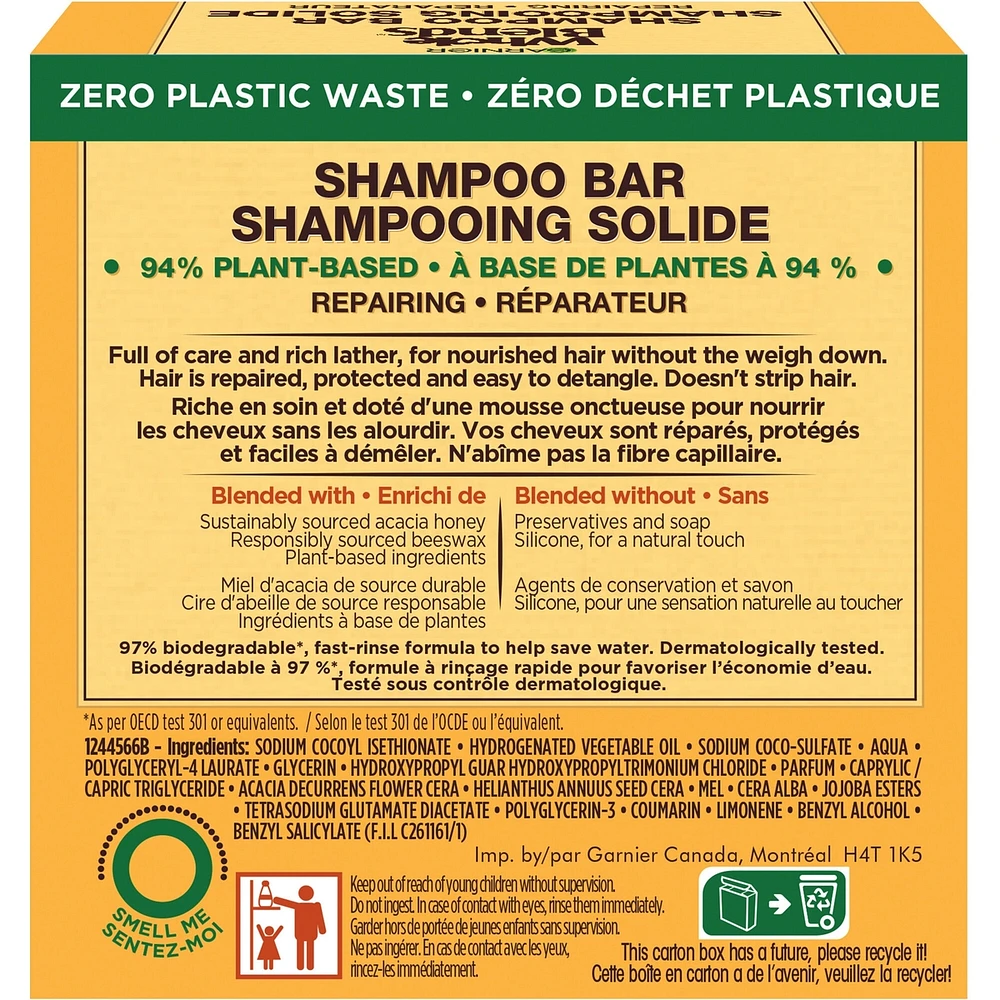 Garnier Whole Blends Honey Treasures Repairing  Shampoo Bar for Damaged Hair, Zero Plastic Packaging, Preservative Free, Silicone Free, Soap & Dye Free, with Honey and Beeswax, 60G