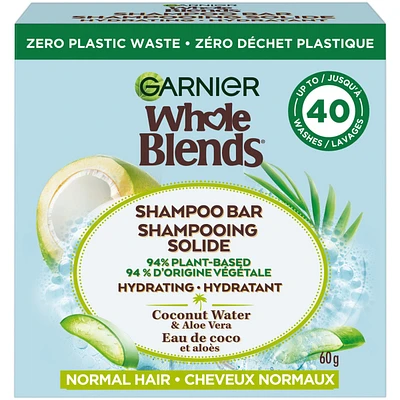 Garnier Whole Blends Coconut & Aloe Vera Hydrating Shampoo Bar for Normal Hair, Zero Plastic Packaging, Sulfate Free, Preservative Free, Silicone Free, Soap & Dye Free, with Coconut oil and Organic Aloe Vera, 60G