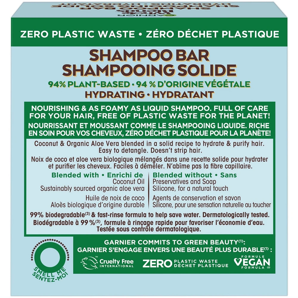 Garnier Whole Blends Coconut & Aloe Vera Hydrating Shampoo Bar for Normal Hair, Zero Plastic Packaging, Sulfate Free, Preservative Free, Silicone Free, Soap & Dye Free, with Coconut oil and Organic Aloe Vera, 60G
