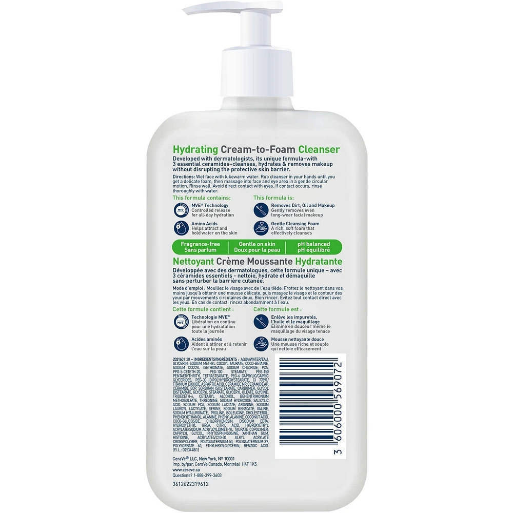 Hydrating Cream-to-Foam Cleanser Makeup Remover and Face Wash With Hyaluronic Acid
