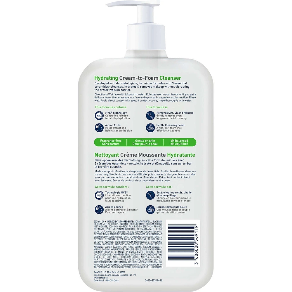 Nettoyant Crème Moussante Hydratante de CeraVe Démaquille Avec acide hyaluronique et sans parfum