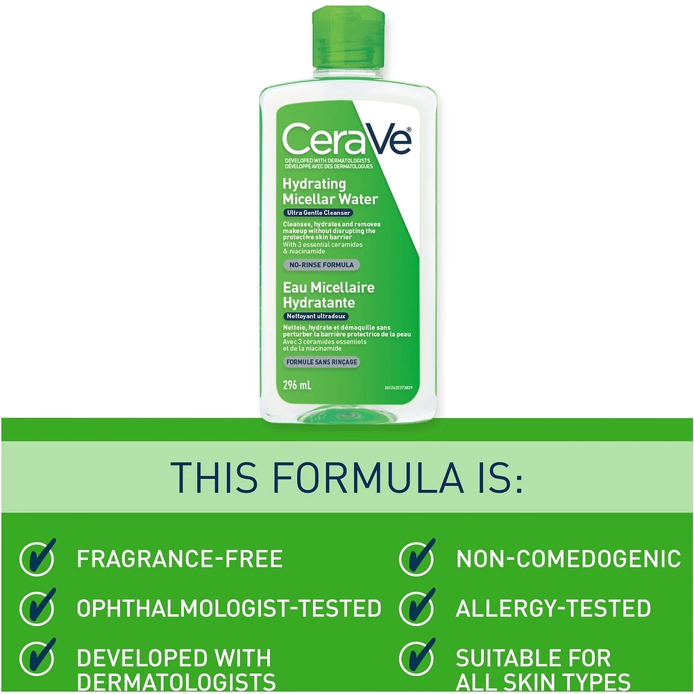 Hydrating Micellar Water Cleanser & Eye Makeup Remover with Essential Ceramides, Hyaluronic Acid and Niacinamde (Vitamin B3)