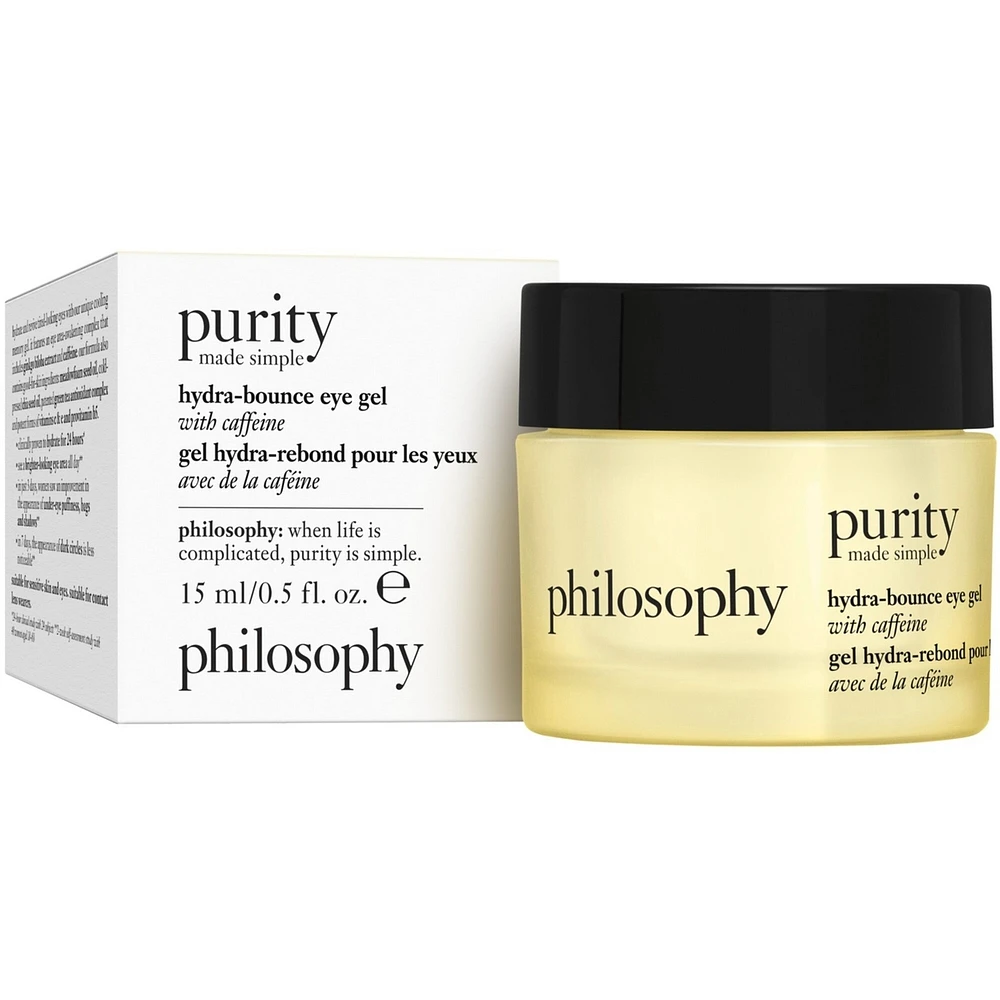 purity made simple hydra-bounce eye gel with caffeine, hydrates, moisturizes, brightens, revives tired-looking eyes