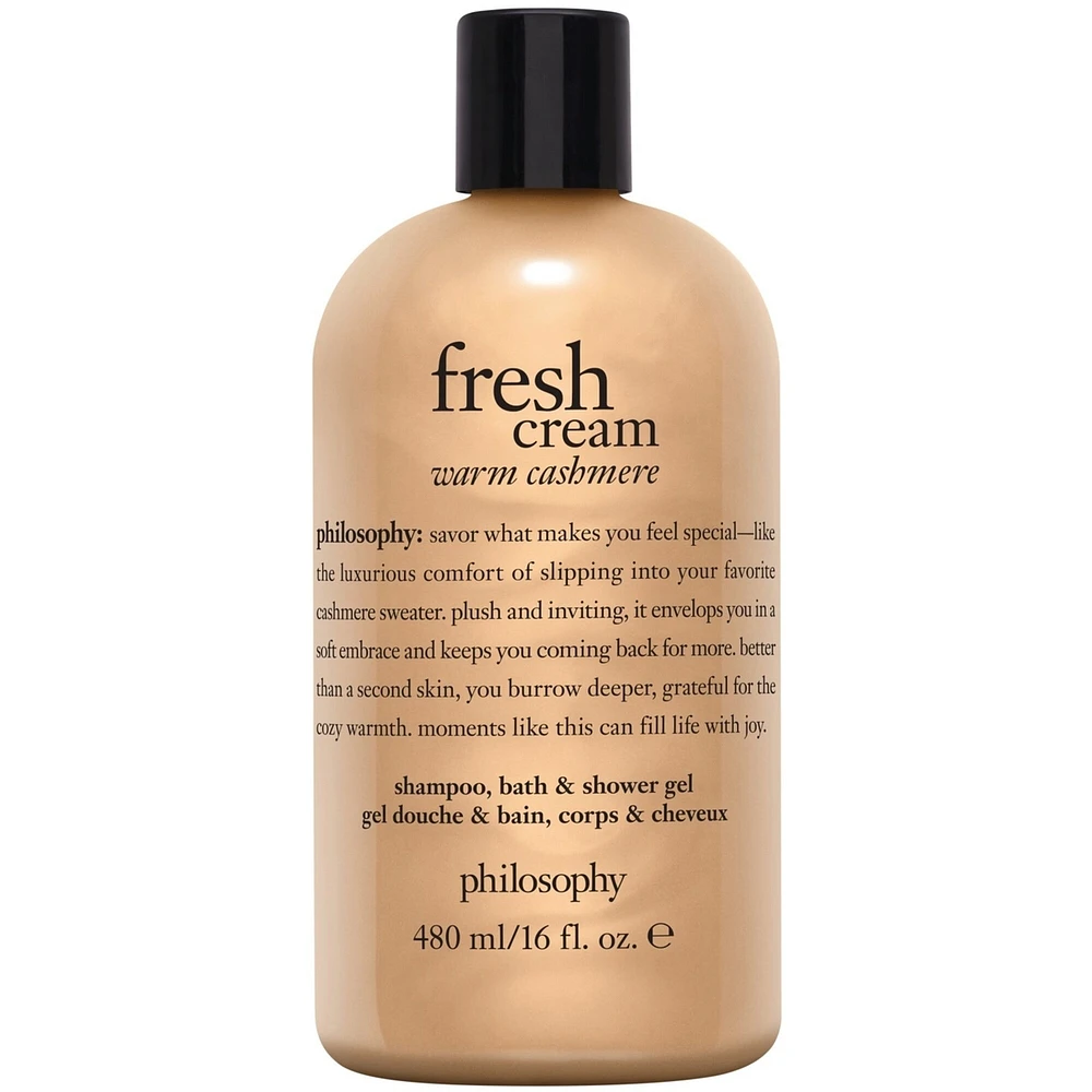 fresh cream warm cashmere shampoo, bath and shower gel, cleanses, conditions, softens skin & hair
