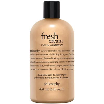 fresh cream warm cashmere shampoo, bath and shower gel, cleanses, conditions, softens skin & hair