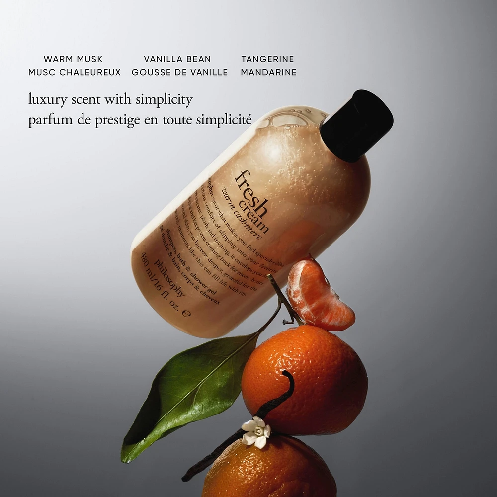 fresh cream warm cashmere shampoo, bath and shower gel, cleanses, conditions, softens skin & hair