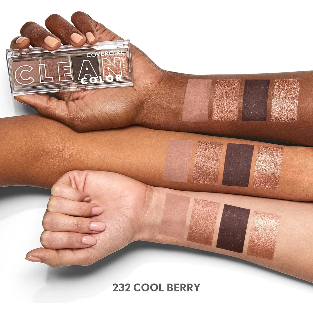 Clean Fresh Colour Quad, and vegan formula without talc, mineral oil, paraben fragrance, highly pigmented eyeshadow