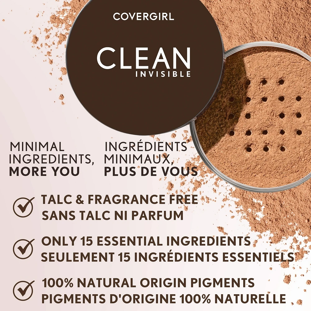 Clean Invisible Loose Powder, 100% natural origin pigments & only 15 essential non-clogging ingredients, lightweight, breathable formula