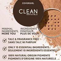 Clean Invisible Loose Powder, 100% natural origin pigments & only 15 essential non-clogging ingredients, lightweight, breathable formula