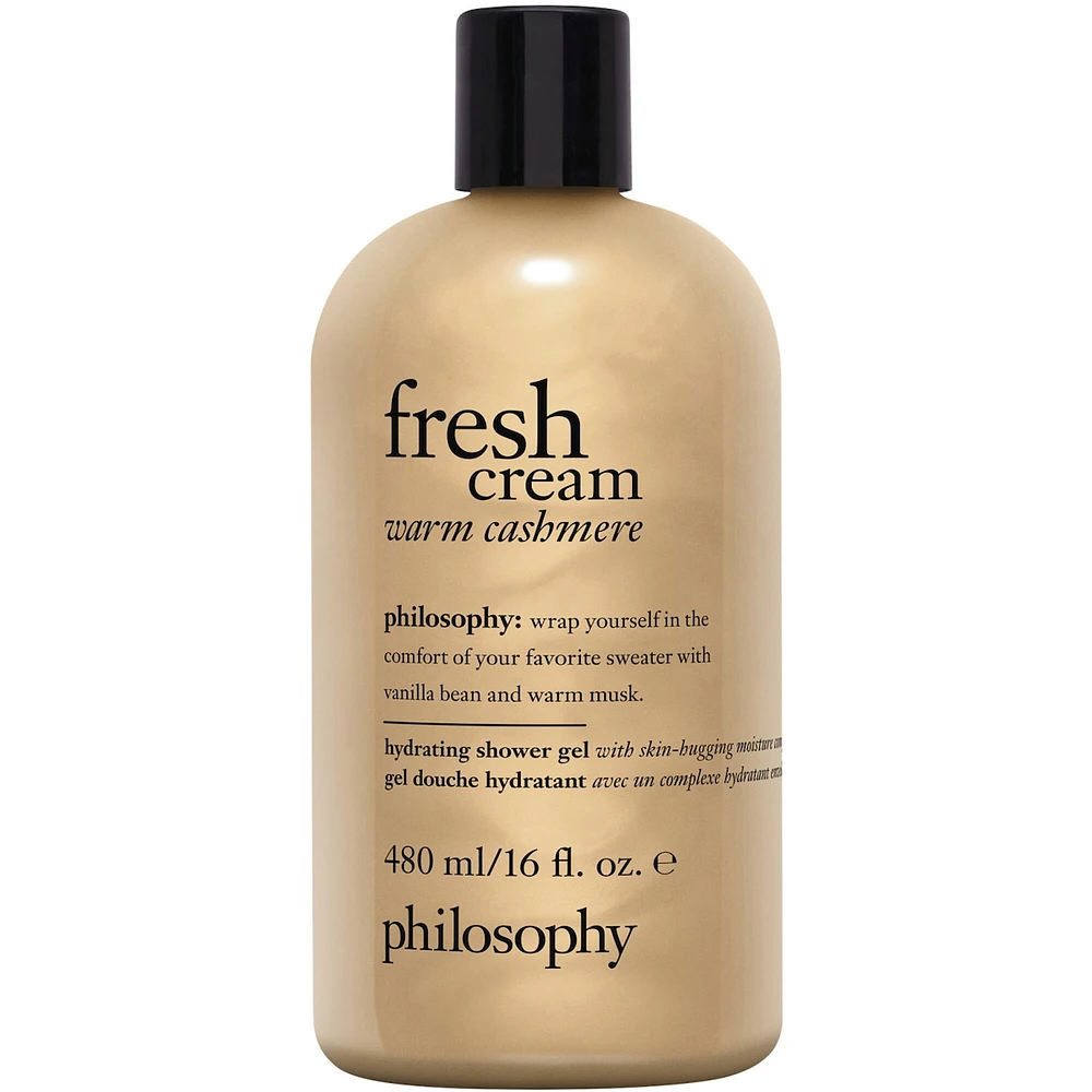 hydrating shower gel fresh cream warm cashmere, cleanses, conditions, moisturizes skin