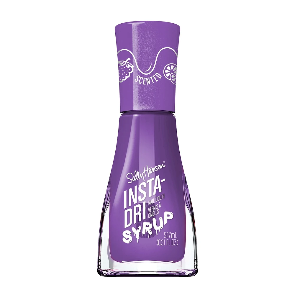Insta-Dri® Syrup Nail Polish, 3-in-1 formula with a berry scent and built-in base top coat. 1 Stroke, Coat Done. Dries 60 seconds