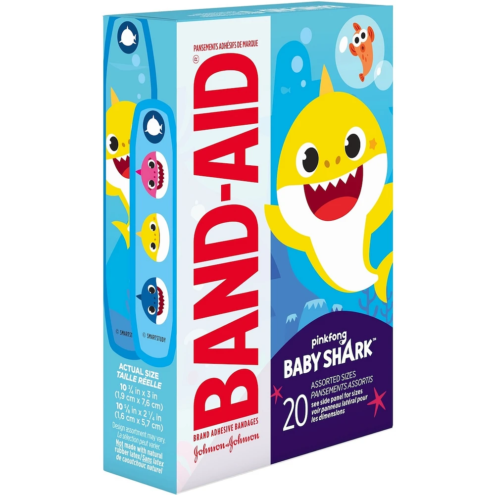Adhesive Bandages Pinkfong Baby Shark Characters for Kids and Toddlers, Assorted Sizes 20 ea