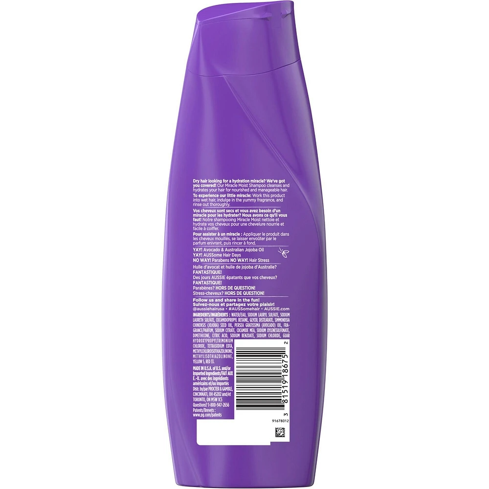 Aussie Miracle Moist with Avocado & Jojoba Oil, Paraben Free Shampoo, 360 mL