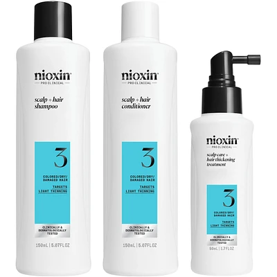Nioxin Scalp + Hair Thickening System 3 - for Colored Or Dry Damaged Hair with Light Thinning - Includes Shampoo 150ml, Conditioner 150ml and Scalp Treatment 50ml