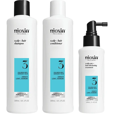 Nioxin Scalp + Hair Thickening System 3 Kit - for Colored Or Dry Damaged Hair with Light Thinning - Includes Shampoo 300 ml, Conditioner 300 ml and Scalp Treatment 100 ml