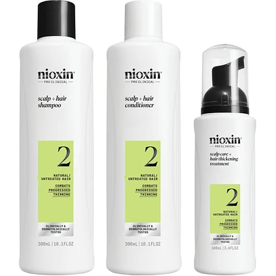 Nioxin Scalp + Hair Thickening System 2 Kit - for Natural Hair with Progressed Thinning - Includes Shampoo 300ml, Conditioner 300ml and Scalp Treatment 100ml