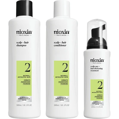 Nioxin Scalp + Hair Thickening System 2 - for Natural Hair with Progressed Thinning - Includes Shampoo 150ml, Conditioner 150ml and Scalp Treatment 50ml