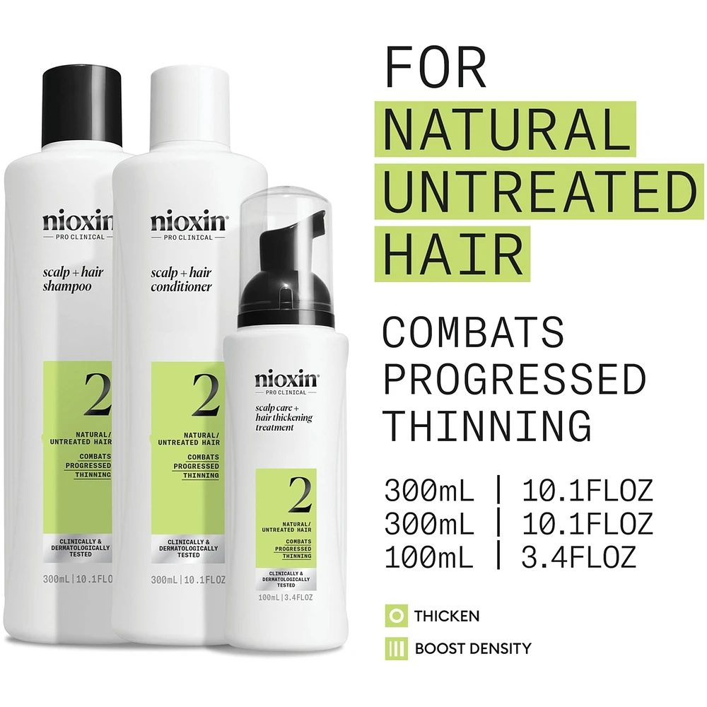 Nioxin Scalp + Hair Thickening System 2 - for Natural Hair with Progressed Thinning - Includes Shampoo 150ml, Conditioner 150ml and Scalp Treatment 50ml