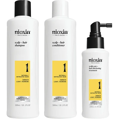 Nioxin Scalp + Hair Thickening System 1 Kit - for Natural Hair with Light Thinning - Includes Shampoo 300ml, Conditioner 300ml and Scalp Treatment 100ml