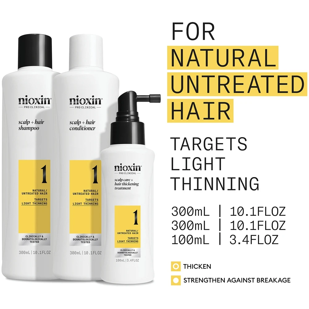 Nioxin Scalp + Hair Thickening System 1 Kit - for Natural Hair with Light Thinning - Includes Shampoo 300ml, Conditioner 300ml and Scalp Treatment 100ml