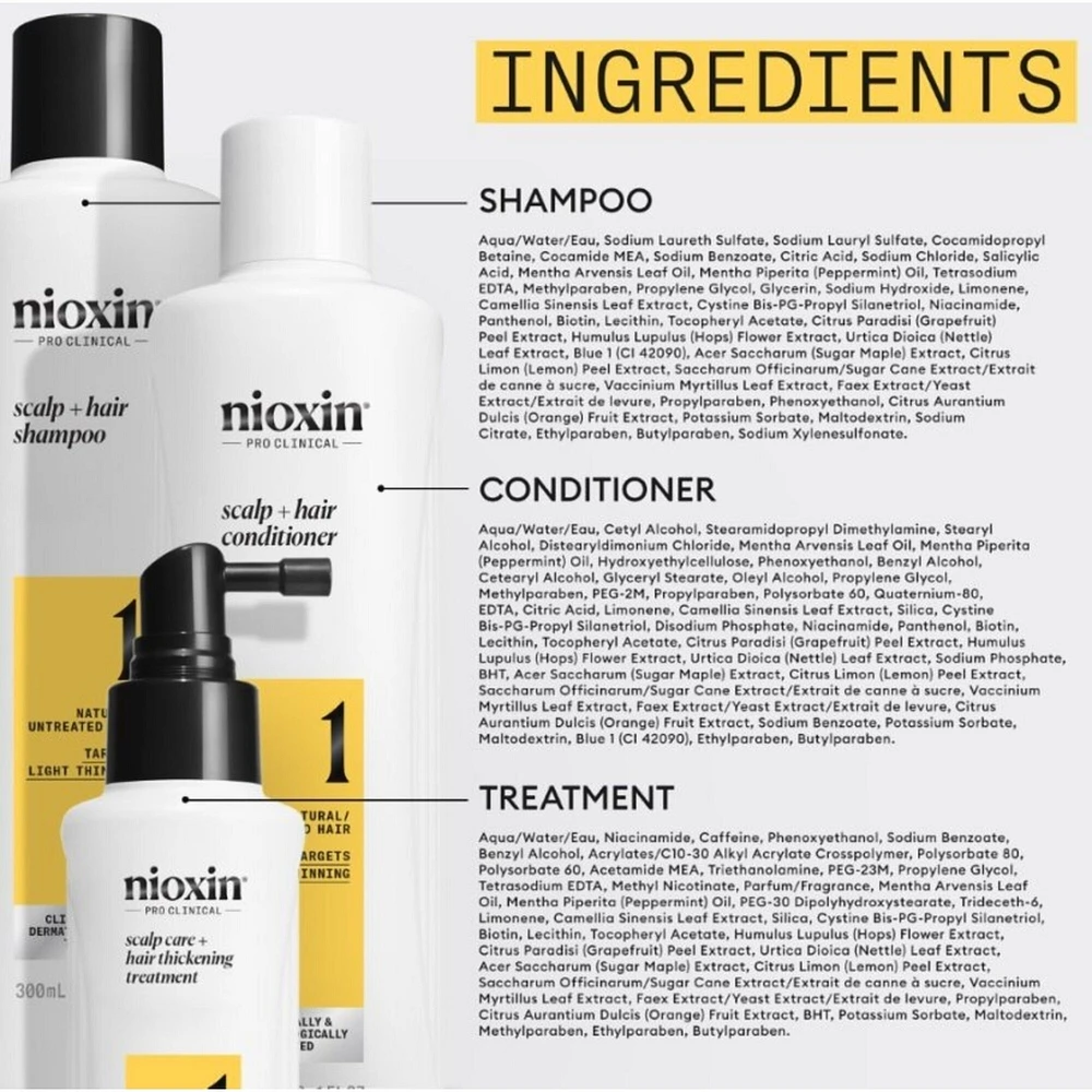 Nioxin Scalp + Hair Thickening System 1 - for Natural Hair with Light Thinning - Includes Shampoo 150ml, Conditioner 150ml and Scalp Treatment 50ml