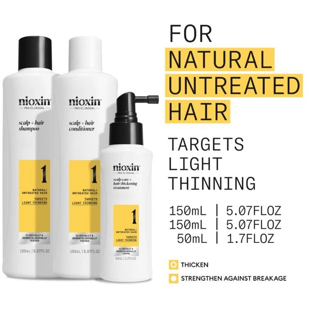 Nioxin Scalp + Hair Thickening System 1 - for Natural Hair with Light Thinning - Includes Shampoo 150ml, Conditioner 150ml and Scalp Treatment 50ml