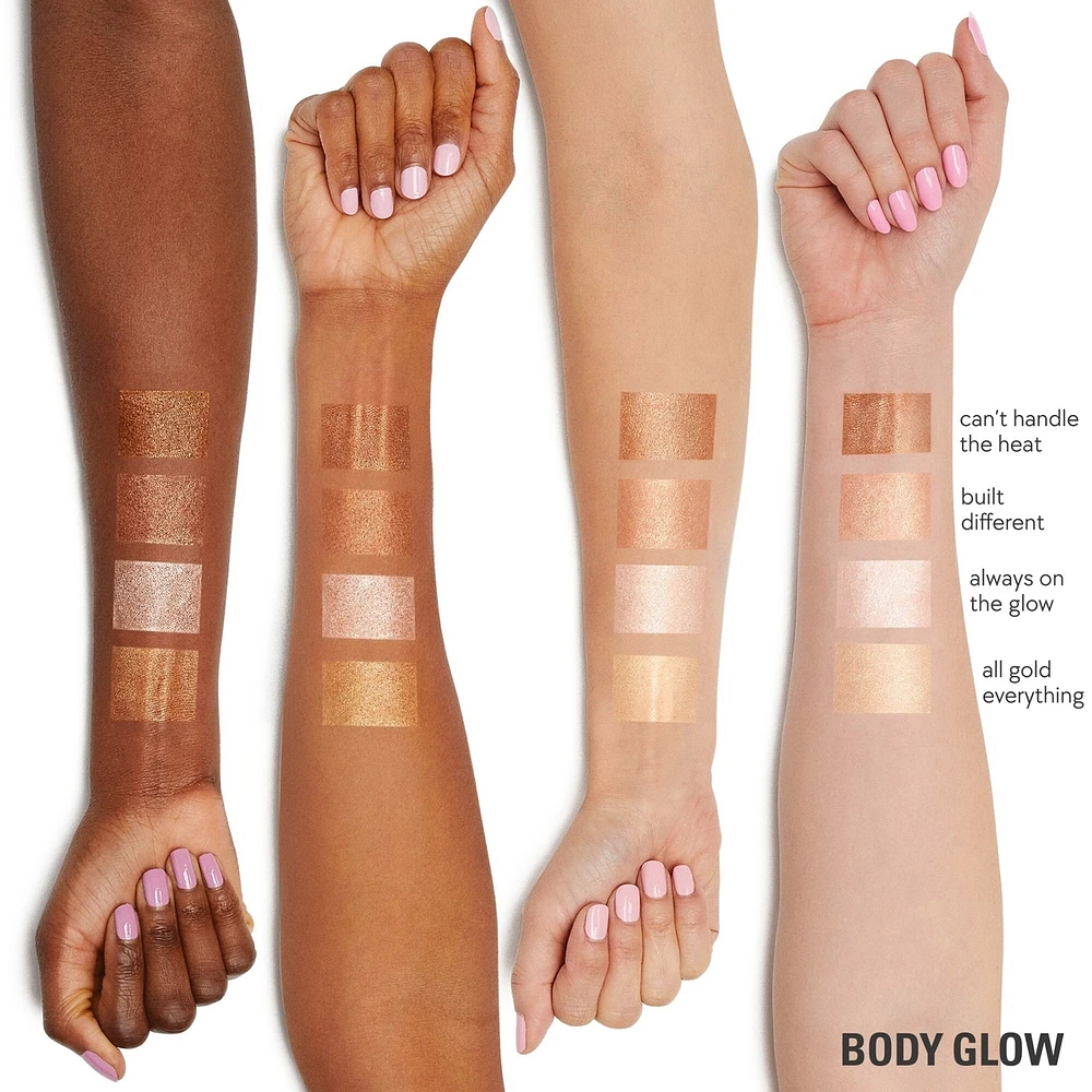 Body Glow Highlighter, illuminating, non-sticky, transfer-proof, buildable coverage, satin finish