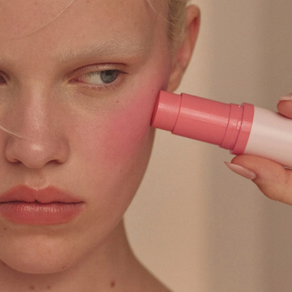 Powder Blush Stick, cream-to-powder formula, soft-matte finish, no streaks, easy to build, all-day wear