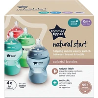 Natural Start Anti-Colic Baby Bottle, Slow Flow, Breast-Like Nipple for a Natural Latch, Anti-Colic Valve, Self-Sterilizing, Fiesta, Pack of 4