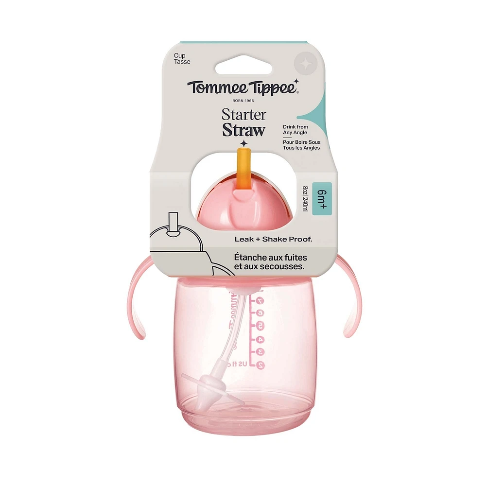 Tommee Tippee Starter Straw Cup, 8oz, gobelet pour enfant de 6 mois et plus, avec paille lestée en silicone et poignées faciles à tenir, rose, 1 pièce