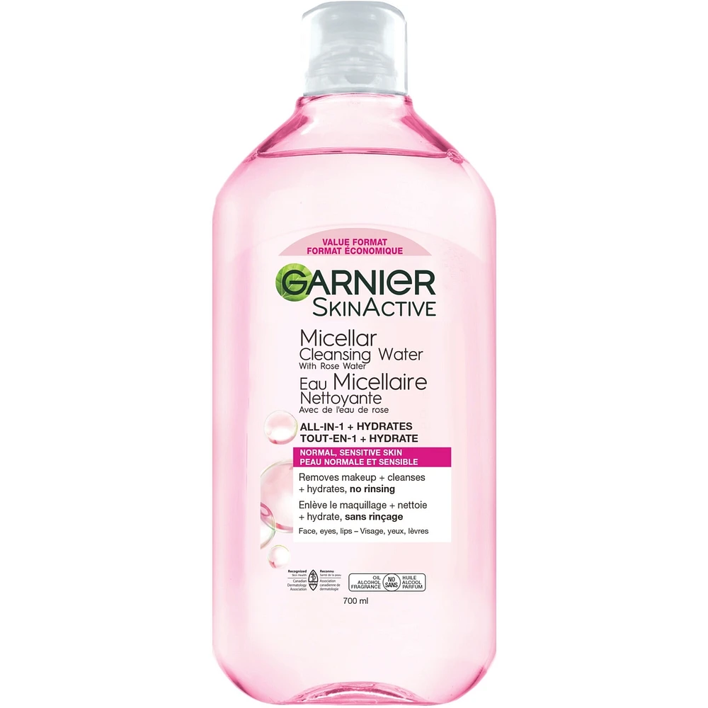 Garnier Micellar Cleansing Water, All-In One Hydrating Makeup Remover + Face Cleanser with Rose Water & Glycerin, Hypoallergenic, Sensitive to Dry Skin, 700 mL