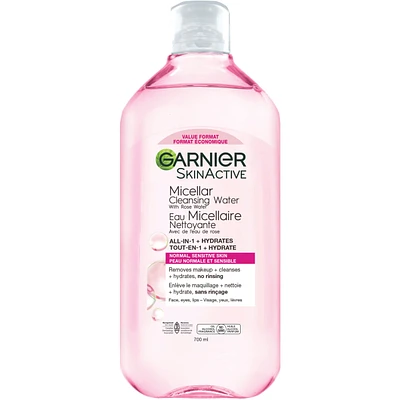 Garnier Micellar Cleansing Water, All-In One Hydrating Makeup Remover + Face Cleanser with Rose Water & Glycerin, Hypoallergenic, Sensitive to Dry Skin, 700 mL