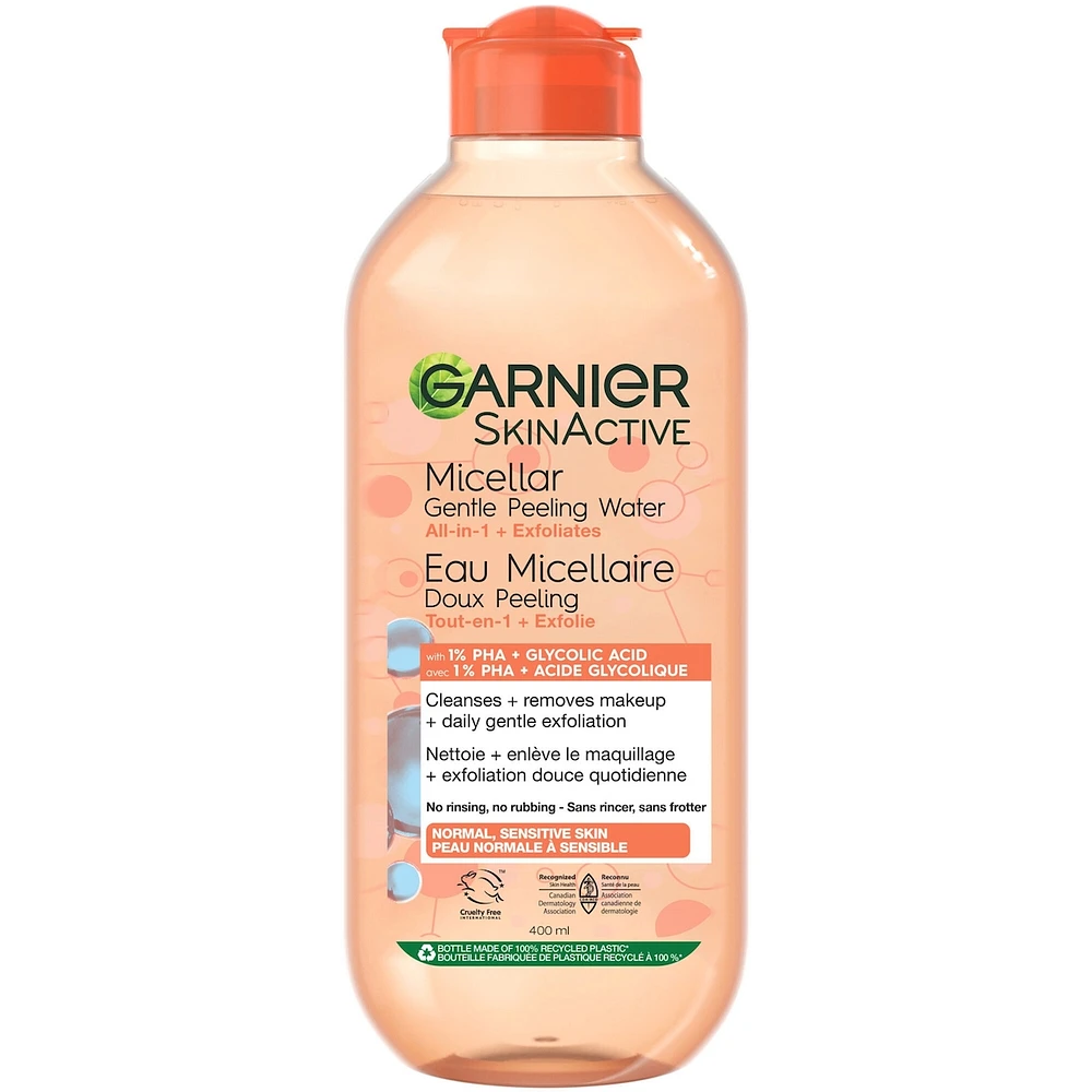 SkinActive Micellar Gentle Peeling Water with 1% PHA + Glycolic Acid + Papaya Extract, Cleanses & Gently Exfoliates Skin, for Normal to Sensitive Skin - 400ml